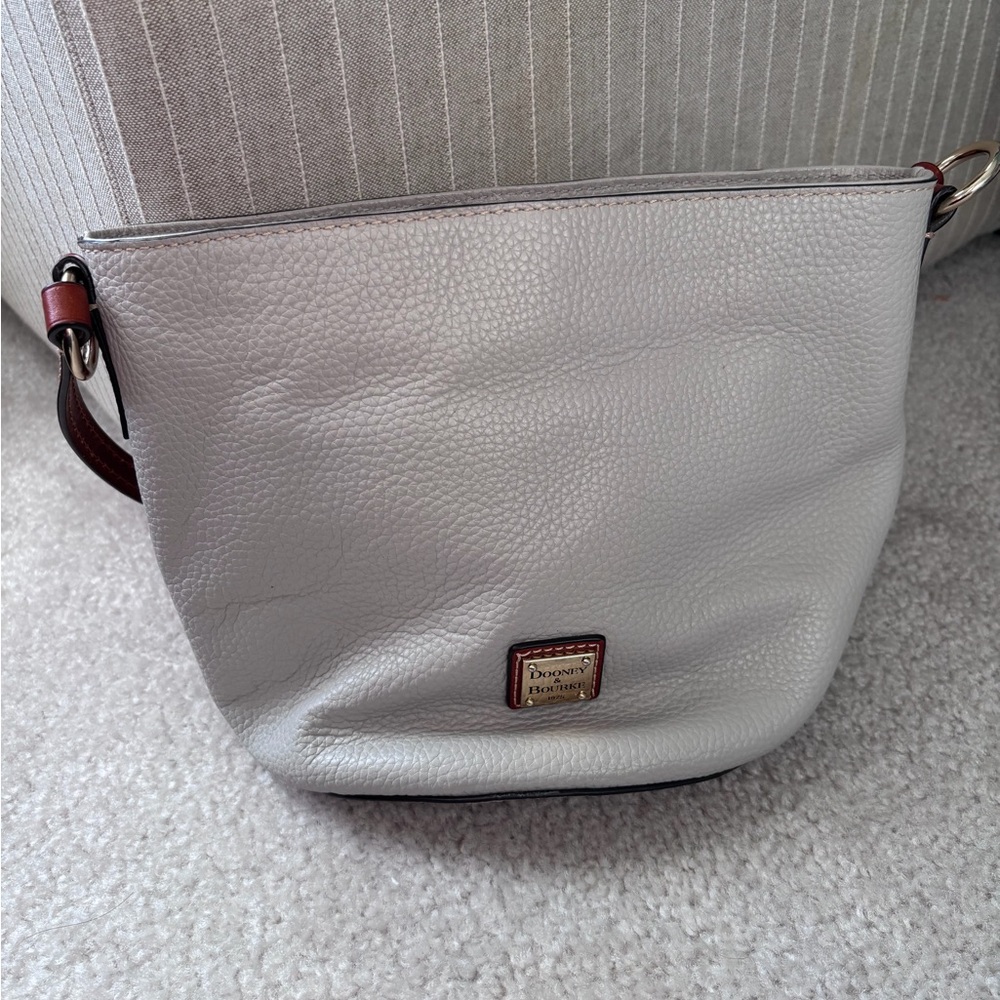 Dooney & Bourke Pebble Leather Shoulder Bag in Light Gray with Brown Strap